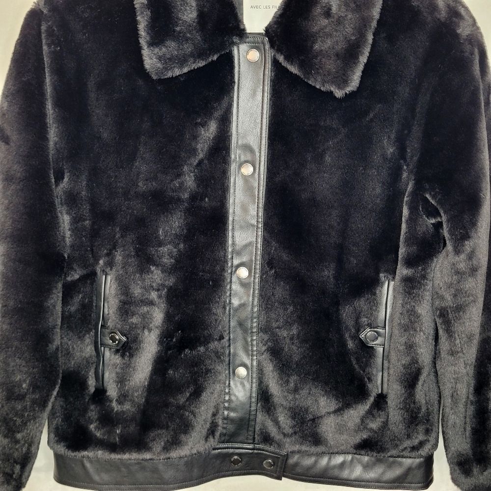 Alec Les Filles Black Faux Fur Aviator Biker Jacket Size Medium - Picture 5 of 11